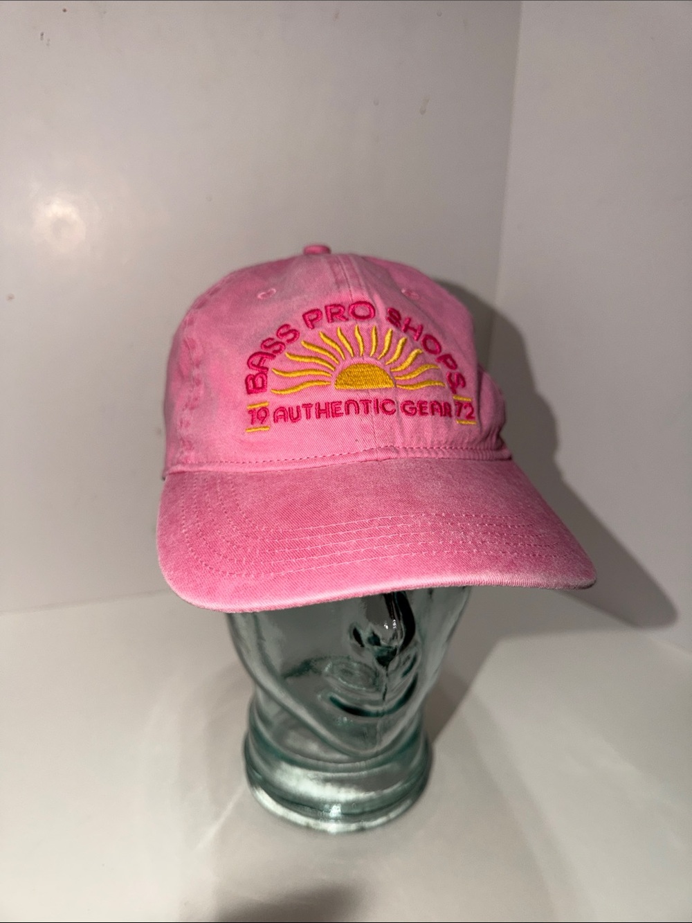 Vintage Bass Pro Shops Pink Baseball Cap with Yellow Sun Embroidery